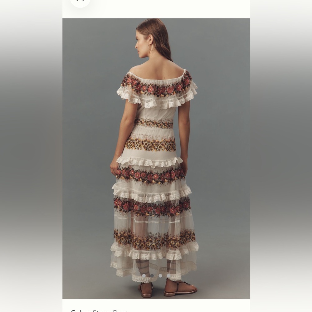 NWT By Anthropologie Ruffle Sleeve Embroidered Tulle Tiered Lace Maxi Dress 6 - Picture 2 of 9